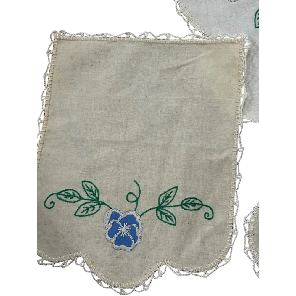 Vintage Hand Embroidered Linen Dresser Scarf Doily Set Blue Pansy Floral 8pc